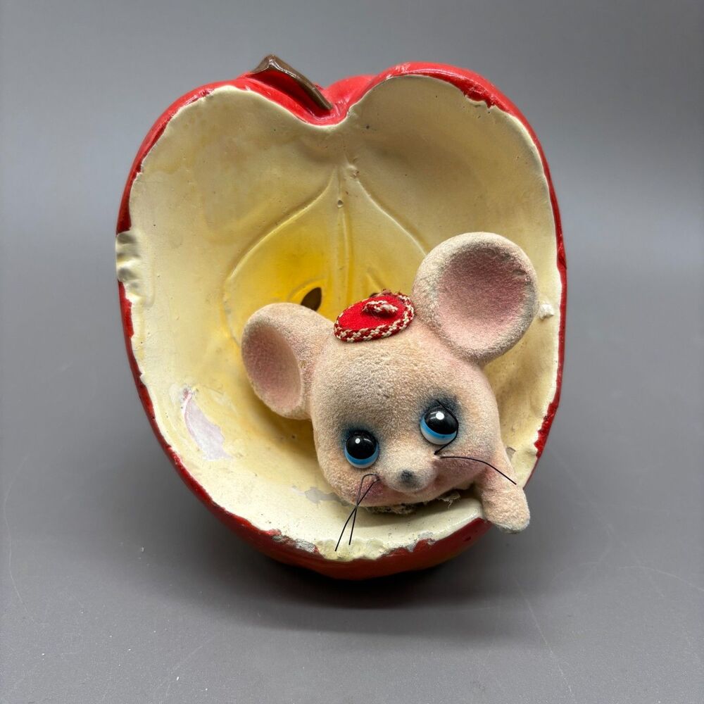 Vintage Its The Berries Flocked Mouse Apple Coin Bank Japan Chalkware 60s Kitsch